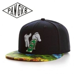Cartoon hands flashing cash wearing white gloves. Custom snapback with custom Benjamin Franklins bills on the brim.