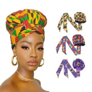 New African Ankara Pattern Satin Linned Bonnet Women Long Ribbon Headwrap Double Layer Headscarf Big Size Adult Hair Cover